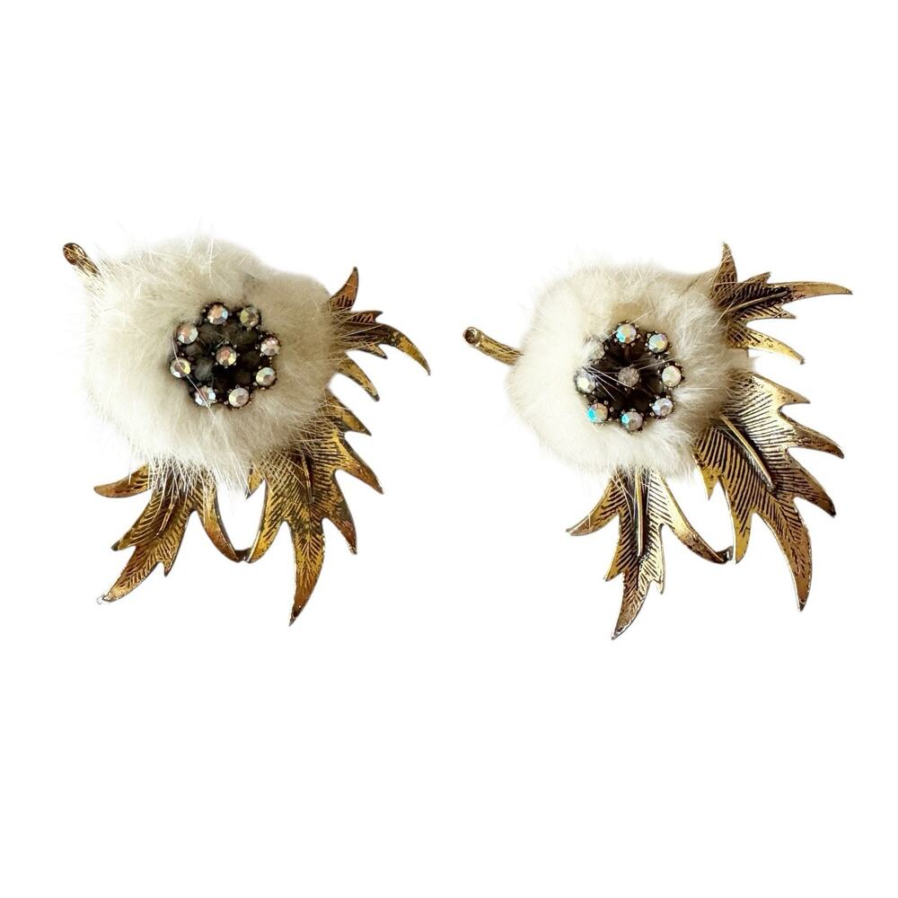 Two 1950s Vintage Mink Fur Flower Costume Coat Hat Brooches Gold Tone